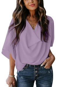 Women's purple V-neck chiffon blouse with elegant draped fabric and loose sleeves