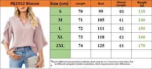 Size chart for V-neck chiffon blouse with ruffle cuffs, detailed measurements from S to 2XL