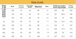 Tableau des tailles en cm pour ensemble haut manches longues et pantalon de S à 5XL
