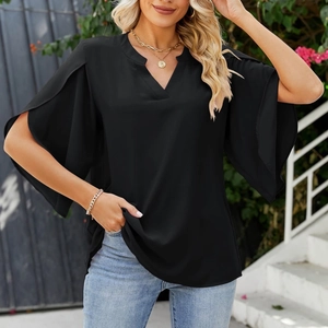 Women's elegant black V-neck chiffon blouse with flowing butterfly sleeves and ruffled collar