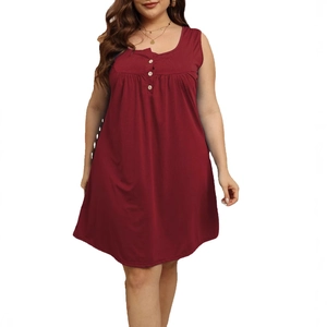 Sleeveless plus size wine red summer dress with button details and pleated crew neck