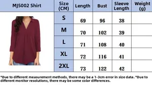 Guía de tallas detallada para la elegante blusa de gasa con cuello en V de S a 2XL