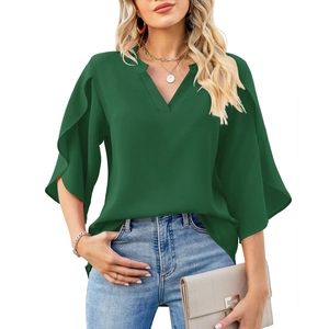 Detail view of dark green chiffon top with V-neck and layered ruffle petal sleeves
