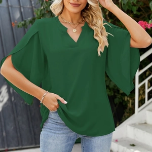 Women's V-neck dark green chiffon blouse with elegant split ruffle petal sleeves