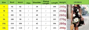 Detailed size chart for the floral print flutter sleeve dress ranging from S to 3XL