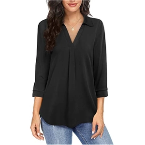 Blusa elegante de gasa negra con cuello en V, mangas 3/4 y pliegues para mujer