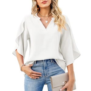Detailed view of women white V-neck chiffon blouse with elegant ruffle petal sleeves