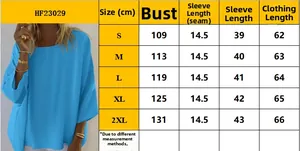 Guide des tailles détaillé pour haut femme à col rond avec mesures du S au 2XL inclus
