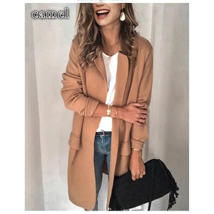 Women's camel longline open-front blazer jacket with faux pockets and casual style