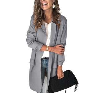 Women's gray mid-length open-front blazer jacket with notch lapel and flap pockets