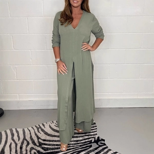 Ensemble Haut Et Bas Femme Élégant Polyester Décontracté Col V Fente Haute Haut Long Pantalon Jambe Large Couleur Unie