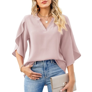 Detail of V-neck chiffon blouse with ruffled bell sleeves in a dusty rose pink shade