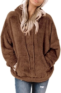 Close-up of the plush lamb wool texture and hooded neckline on a brown casual sweatshirt
