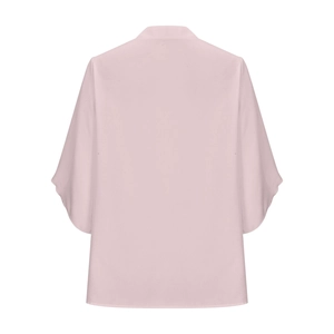 Rear view of light pink loose-fit chiffon blouse featuring petal sleeves and elegant drape