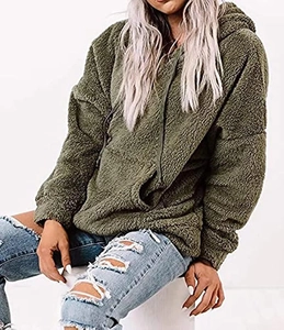 Close-up of army green oversized fuzzy hoodie with drawstring hood and kangaroo pocket