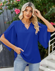 Detail of elegant V-neckline and split flare sleeves on navy blue chiffon top