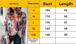 Size chart for women tie-dye V-neck waffle knit top with measurements for S to XXL