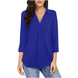 Elegante blusa de gasa azul marino con cuello en V y manga 3/4 para mujer moderna