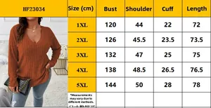 Size chart for women's V-neck plus size top showing measurements from 1XL to 5XL in cm