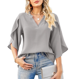 Detail view of grey V-neck chiffon blouse with ruffle petal sleeves and loose fit design