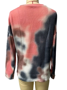 Detailed back view of waffle knit long sleeve top with pink and charcoal tie-dye texture