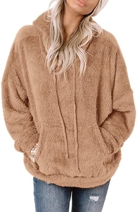 Close-up of khaki sherpa fleece hoodie fabric texture and front kangaroo pocket detail