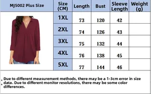 Tabella taglie dettagliata per blusa in chiffon taglie forti scollo a V da 1XL a 5XL