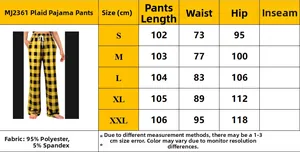 Size chart for women's plaid pajama pants showing measurements from S to XXL in cm