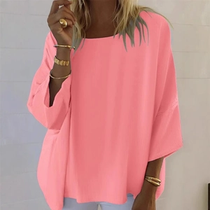 Camicetta casual rosa da donna con scollo rotondo e maniche a tre quarti