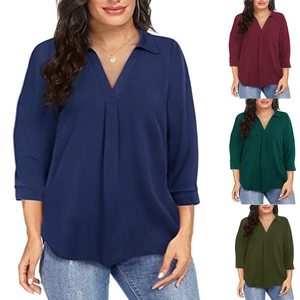 Camicetta in Chiffon Taglie Forti Donna Scollo a V Revers Manica a Tre Quarti Pullover Top Tinta Unita Elegante Camicia