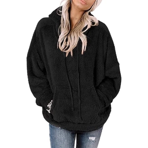 Women's black oversized fuzzy hoodie with floral embroidery on cuffs and kangaroo pocket
