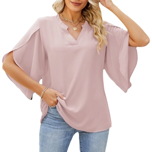 Women's pink chiffon V-neck blouse with elegant petal flare sleeves and loose casual fit