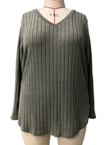 Detail of V-neck long sleeve ribbed knit top for women in dark grey plus size 1XL