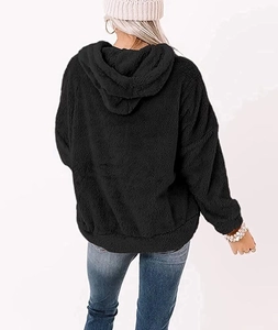 Rear view of black fleece hoodie showing plush texture, large hood, and ribbed hem