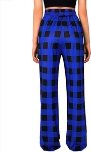 Detail of blue and black plaid lounge pants featuring elastic waistband and relaxed straight cut