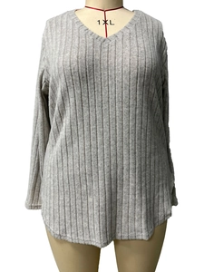 Detail view of grey V-neck ribbed knit top showing soft vertical texture and 1XL fit