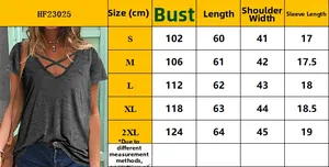 Detailed size guide table for women's deep V-neck short sleeve T-shirt in gray cotton