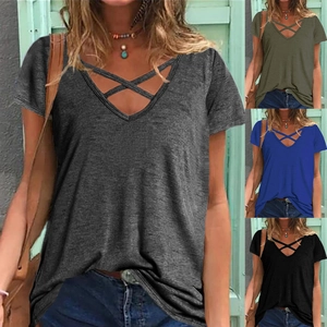 Women's summer short sleeve t-shirt with crossover V-neck in multi-color options