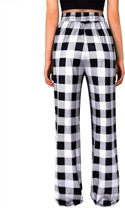 Rear view of women's black and white checkered wide-leg lounge pants with elastic waist