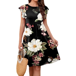 Floral print knit tiered dress with butterfly patterns and flutter sleeves in black
