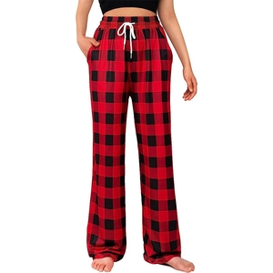 Women's red and black buffalo plaid lounge pants with drawstring and wide leg fit