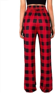 Detail of red and black buffalo plaid straight leg lounge pants with elastic waistband