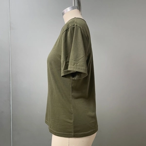 Detailed side view of an army green short sleeve T-shirt with fine jersey texture