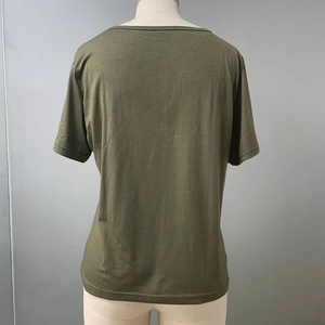 Back view of a classic olive green crew neck short sleeve T-shirt on a mannequin