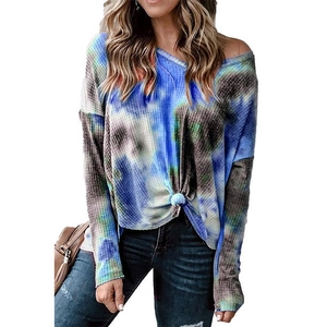 Women waffle tie-dye long sleeve off-shoulder top with hem knot detail in blue and green