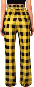 Detailed back view of women's yellow and black plaid casual pants with elastic waistband