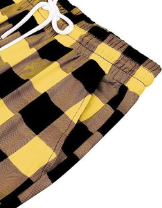 Macro shot of Buffalo check casual pants showing elastic waist, drawstring and pocket detail