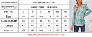 Tabla de tallas para top de manga larga con cuello cuadrado y estampado floral