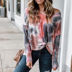Women's waffle knit tie-dye off-shoulder top with long sleeves and side knot detail