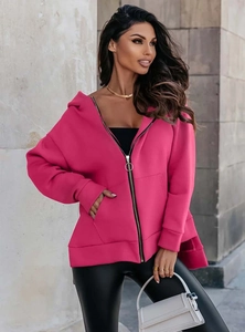 Detail of rose red hoodie with metal ring zipper and functional side pockets
